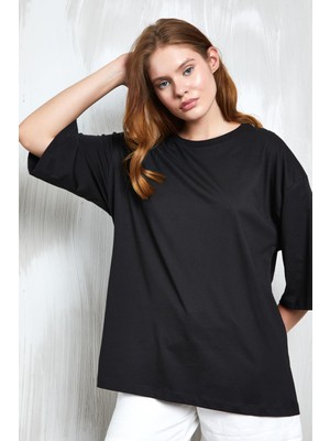 Minaaise Siyah Oversize Basic Penye T-Shirt 25358