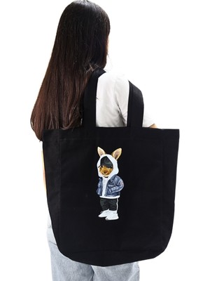 İcone Bag Bez Kadın Çantası, Geniş Hacimli, Lacivert Tavşan Baskılı El ve Omuz Bez Çanta