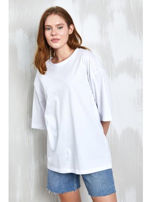 Minaaise Beyaz Oversize Basic Penye T-Shirt 25358