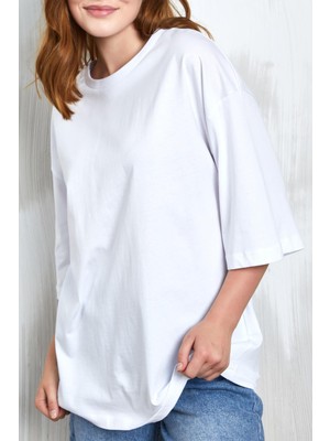 Minaaise Beyaz Oversize Basic Penye T-Shirt 25358