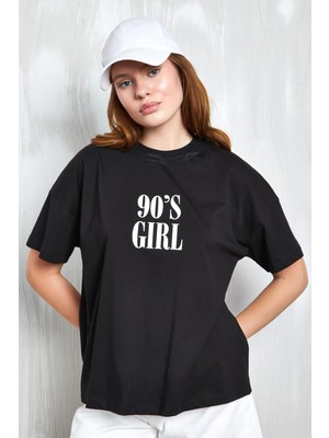 Minaaise Siyah Baskılı Oversize T-Shirt 27336