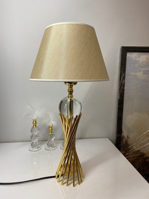 E27 Misbah Burgu Abajur Masa Lambası Kristal Camlı Gold Kaplama, Lampshade 1 Cam Modern Bej 46-70