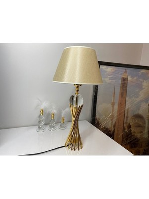 E27 Misbah Burgu Abajur Masa Lambası Kristal Camlı Gold Kaplama, Lampshade 1 Cam Modern Bej 46-70