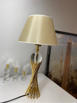 E27 Misbah Burgu Abajur Masa Lambası Kristal Camlı Gold Kaplama, Lampshade 1 Cam Modern Bej 46-70