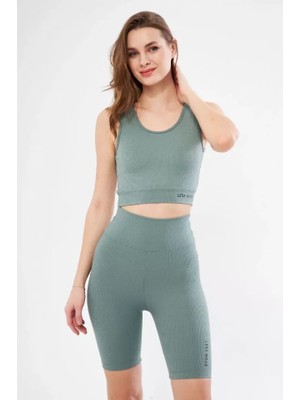 Stil Aura Fitilli Baskılı Crop - Buz Mavisi