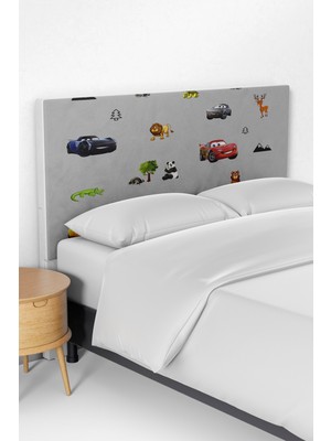 Talia Home Gri Sevimli Hayvanlar Mcqueen Desenli Çocuk Yatak Baza Başlık Kılıfı TLABK-229