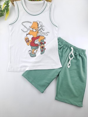Bonboner Kids Erkek Çocuk Şort Sıfır Kol Tişort Ikili Takım Simpsons Baskılı Yeşil Renk