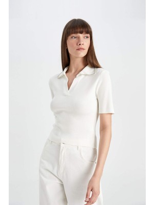 DeFacto Fitted Polo Yaka Taş İşlemeli Kısa Kollu Triko Kazak D4618AX24AU