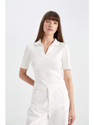 DeFacto Fitted Polo Yaka Taş İşlemeli Kısa Kollu Triko Kazak D4618AX24AU