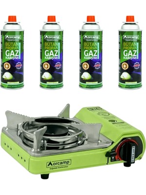 Orcamp Tekli Mini Portatif Kamp Ocak ve 4 Adet 227 gr Gaz Kartuş Seti Yeşil