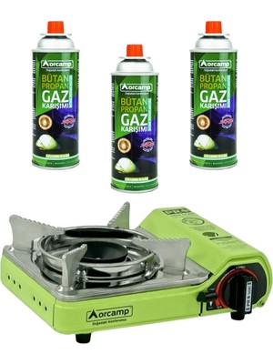 Orcamp Tekli Mini Portatif Kamp Ocak ve 3 Adet 227 gr Gaz Kartuş Seti Yeşil