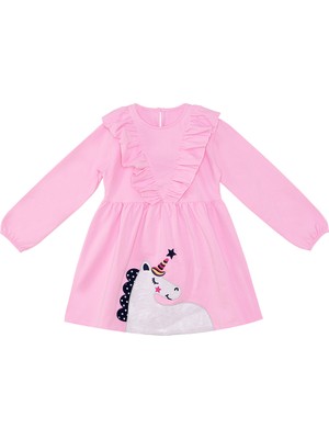 Denokids Simli Unicorn Kız Çocuk Pembe Elbise