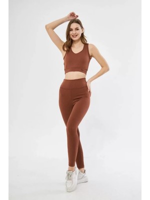 Molli Crop Tayt Ikili Spor Takımı - Kahve