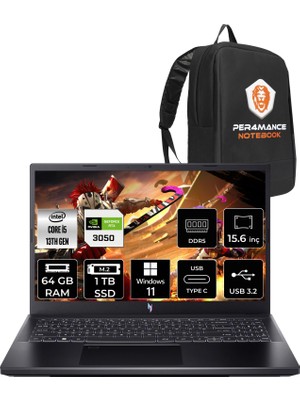 Acer Nitro V 15 Intel Core I5 13420H 64GB 1tb SSD RTX3050/6GB 144Hz 15.6" Fhd W11H Taşınabilir Bilgisayar NH.QNCEY.002 & Per4 Çanta NHQNCEY002P373
