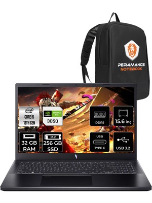 Acer Nitro V 15 i5 13420H RTX 3050 Gaming Laptop 32GB RAM 256GB SSD 15.6" FHD 144Hz FreeDOS + Per4 Çanta NHQNCEY002P316