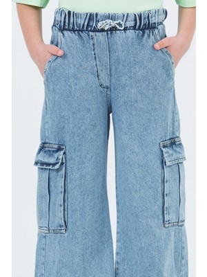 Dmb Boys & Girls Beli Lastikli Kargo Cepli Wide Leg Geniş Paça Jean Kız Çocuk Kot Pantolon