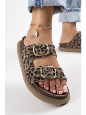 Manijero Lavanda Leopar Kadın  Deri Çift Tokalı  Vizon Terlik