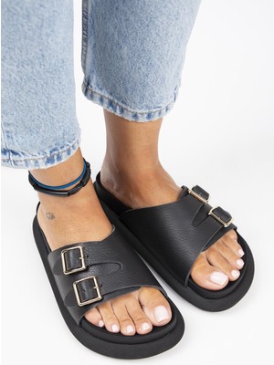 Manijero Lirio Kadın  Deri Tek Bant Çift Tokalı Siyah Terlik