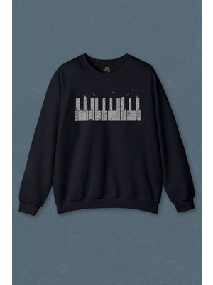 So Cool Lacivert Sweatshirt Piano Skyline Piyano Yukarıdaki Tehlike Baskılı Unisex Sweat