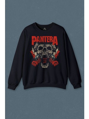 So Cool Lacivert Sweatshirt Pantera Skull Kuru Kafa Groove Heavy Metal Logo Baskılı Unisex Sweat