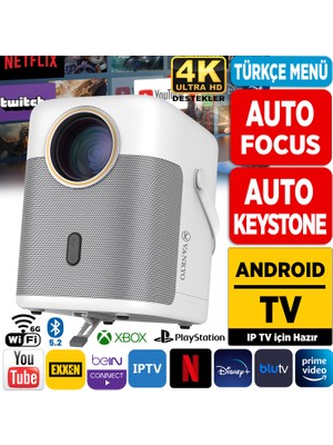 Vankyo H300A Android TV 4K Destekli Projeksiyon Cihazı +Auto Focus+Auto Keystone 6G Wi-Fi+5.2 Bluetooth 240 Inç Yansıtma+HiFi Dolby Ses Sistemi Beyaz PS5/PS4/XBOX/HDMI/USB
