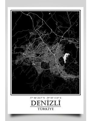 Hari Tasarım Denizli Şehir Haritası Çerçevesiz Poster-Harita Sanatı, Map Art Design