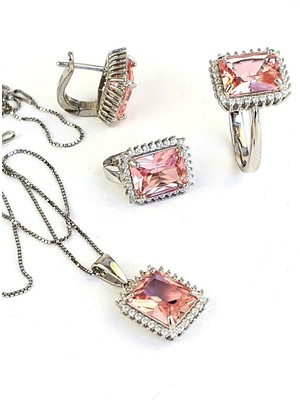 Ose Shop Sky Diamond Pink Morganit Taşlı 925 Ayar Gümüş Lüks Set Takım