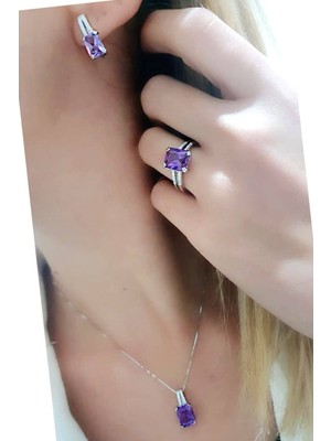 Ose Shop sky diamond taş detaylı aleksandrit taşlı gümüş lüks takı seti