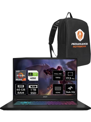 Msı Katana A17 Aı Amd Ryzen 7 8845HS 40GB 1tb SSD RTX4050/6GB 17.3" Fhd 144Hz Fdos Taşınabilir Bilgisayar B8VE-853XTR & Per4 Çanta B8VE853XTRP323