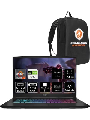 Msı Katana A17 Aı Amd Ryzen 7 8845HS 64GB 4tb SSD RTX4050/6GB 17.3" Fhd 144Hz W11P Taşınabilir Bilgisayar B8VE-853XTR & Per4 Çanta B8VE853XTRP415