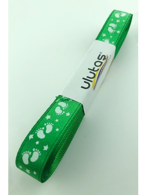 Yeşil Bebek Ayağı Figür Baskılı Saten Kurdele 1,5 cm