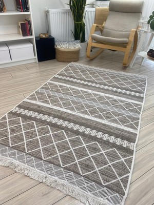 Stay With Love Kilim Çift Taraflı Dokuma Kilim Yıkanabilir Pamuk Dokuma Modern Desenli Kilim Bej-Krem