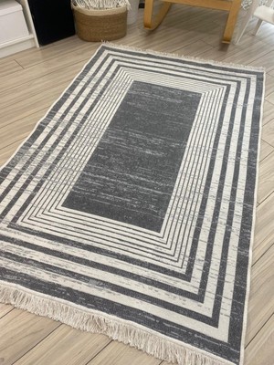 Stay With Love Kilim Çift Taraflı Dokuma Kilim Modern Desenli Yıkanabilir Pamuklu Dokuma Lüks Kilim Gri-Beyaz