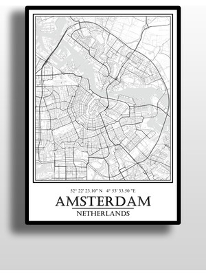 Hari Tasarım Amsterdam Şehir Haritası Çerçevesiz Poster-Harita Sanatı, Map Art Design