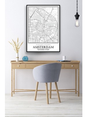 Hari Tasarım Amsterdam Şehir Haritası Çerçevesiz Poster-Harita Sanatı, Map Art Design