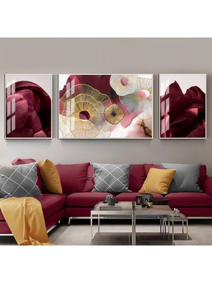 Harikabirev Harikabirev|krem Gold Renk Soft Çiçek Kombini | 3lü Yatay Çerçeveli Cam Tablo