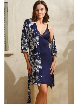 Aria's Closet Viskon Çiçek Baskılı Sabahlık ve Dantelli Kısa Gecelik Takım