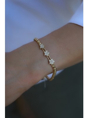 Yenigün Kuyumculuk 14 Ayar Altın Taşlı Üç Yıldız Detaylı Modern Bileklik