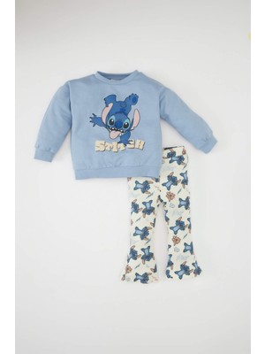 DeFacto Kız Bebek 2'li Takım Disney Lilo & Stitch Sweatshirt Üst Beli Lastikli Desenli Uzun İspanyol Paça Alt D2199A524AU