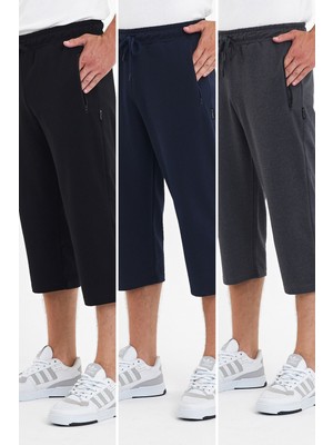 Comeor Erkek 3'lü Cepleri Fermuarlı Siyah-Lacivert-Antrasit Bermuda Diz Altı Kapri Beli Ayarlanabilir Lastikli Uzun Şort CMRE94
