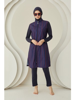 Nbb Lacivert Çizgi Desenli Dokuma Tesettür Mayo