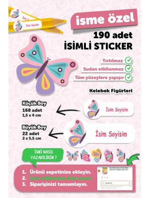 Msticker Kelebek Temalı Okul Etiketi 190 Adet İsim Yazılabilen Kalem Defter Etiketi Yırtılmaz