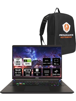 Msı Vector 16 Hx Intel Core I9 14900HX 32GB 2tb SSD RTX4070/8GB 16" Qhd+ 240Hz W11H Taşınabilir Bilgisayar A14VGG-271TR & Per4 Çanta A14VGG271TRP319