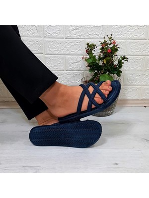 Brn 302 Lacivert Ahtapot Hasırlı Kaymaz Havuz Plaj Bayan Terliği