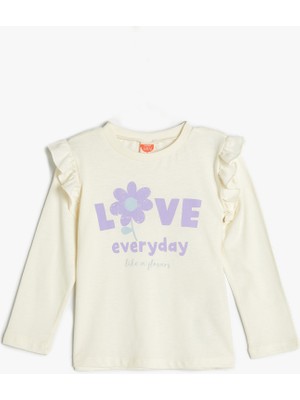 Koton Uzun Kollu Pamuklu Tişört Kız Çocuk Fırfır Detaylı Çiçek Baskılı Beyaz