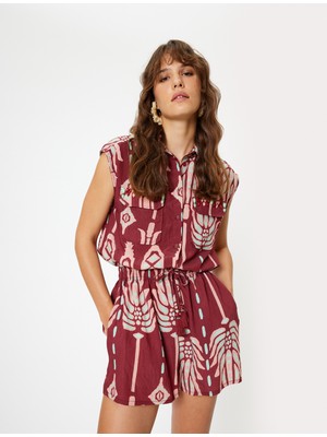 Koton x Melis Ağazat - Kolsuz Gömlek Floral Etnik Desenli Viskon Kumaş Cep Detaylı Rahat Kalıp