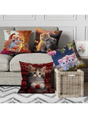 Menesa Home Kedi Desenli Dijital Baskılı 4 Lü Kırlent Koltuk Yastık Kılıfı