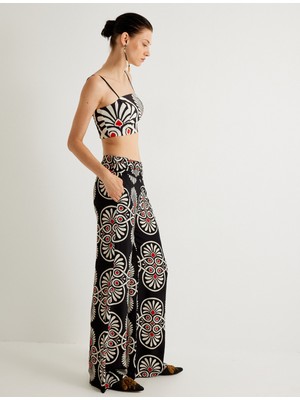 Koton x Melis Ağazat - Bol Paça Pantolon Yüksek Bel Etnik Desenli Cepli Viskoz Kumaş