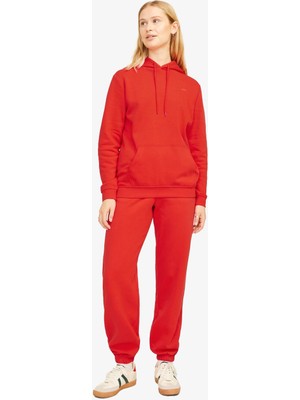 JJXX Kadın Kırmızı Kapüşonlu Sweatshirt Uzun Kol Düz Desenli Ekstra Rahat 12223961-FIERYRED