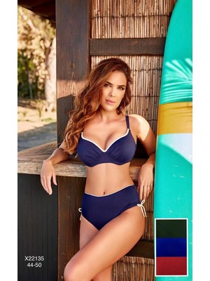 Hazelin Kadın Lacivert Beyaz Şeritli Yüksek Bel Toparlayıcı Bikini Takım HZL24S-LC2221